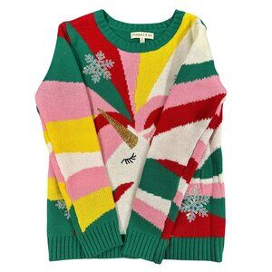 Margaux And Lexi Kids' Sequin Unicorn Holiday Sweater In Candy Stripes
